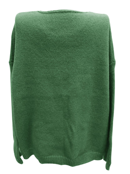 Pull col V ample, coloris vert, vue de dos