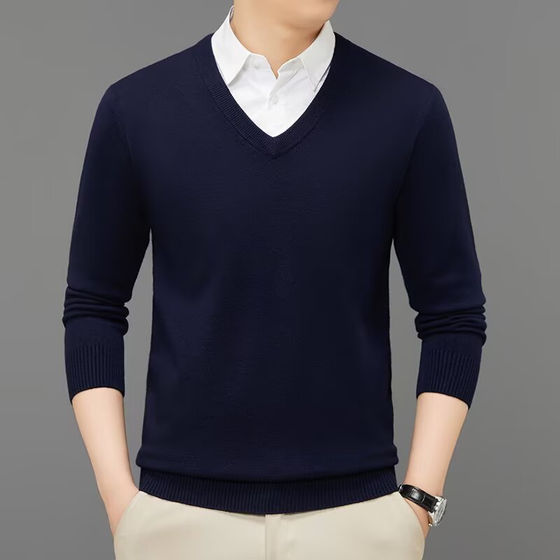 Pull col V fin, bleu marine