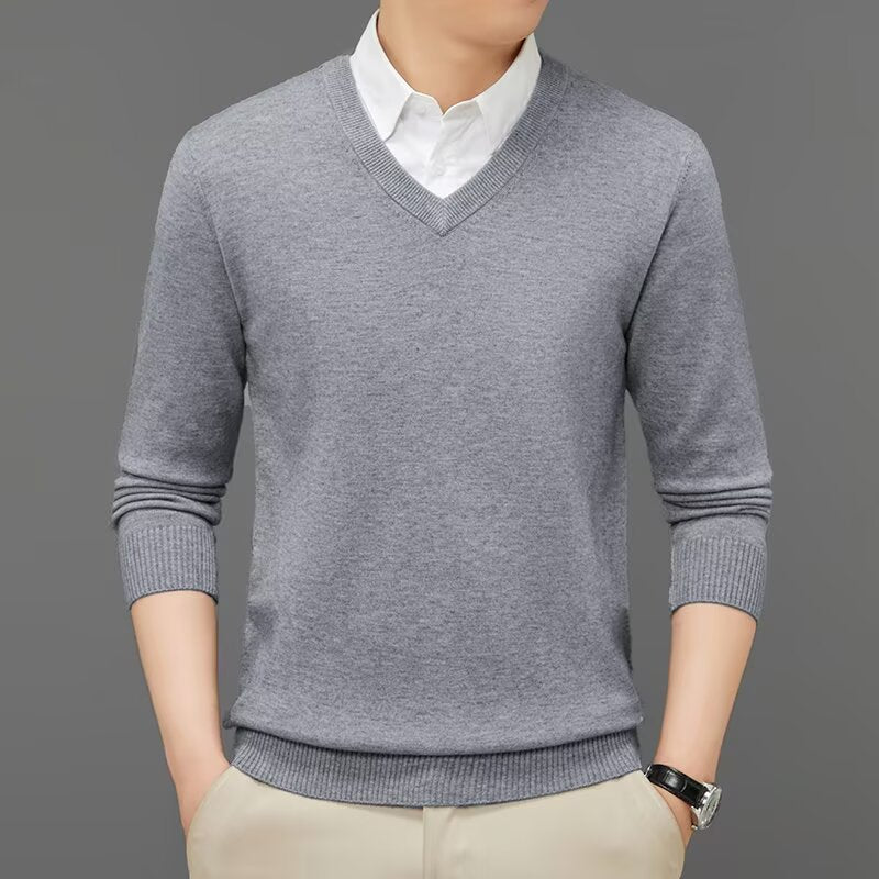 Pull col V fin, gris foncé