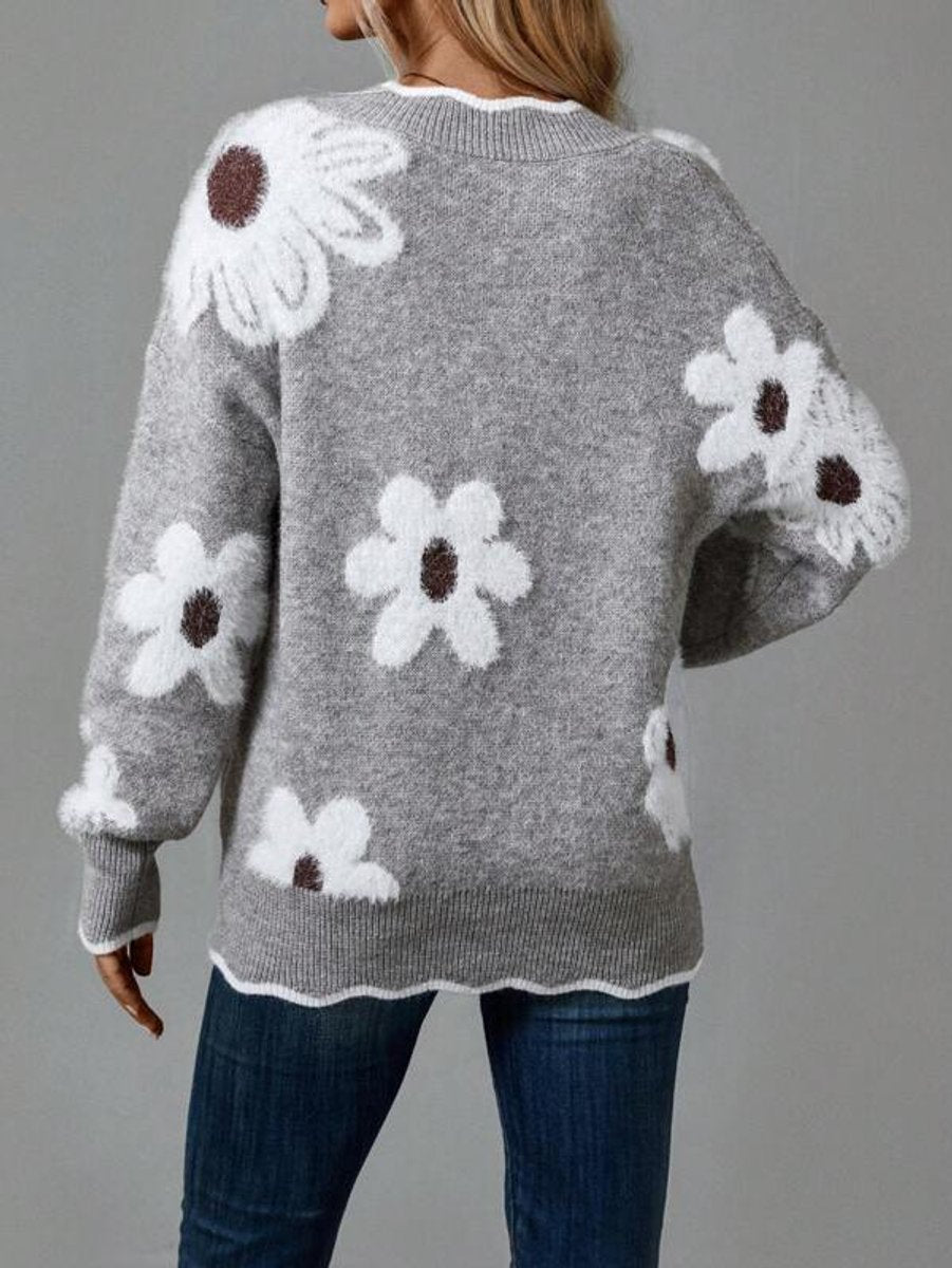 Pull col V fleuri, coloris gris, vue de dos