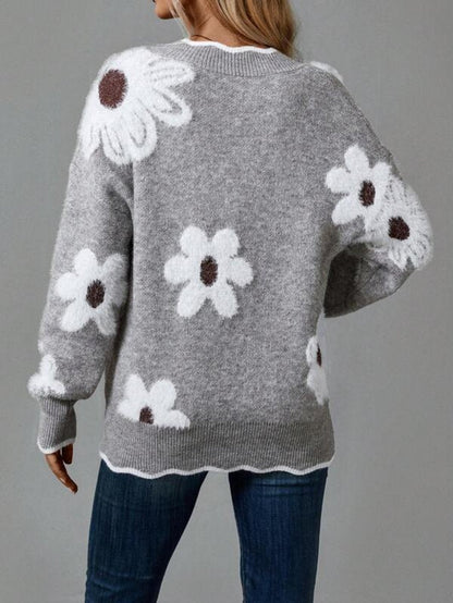 Pull col V fleuri, coloris gris, vue de dos