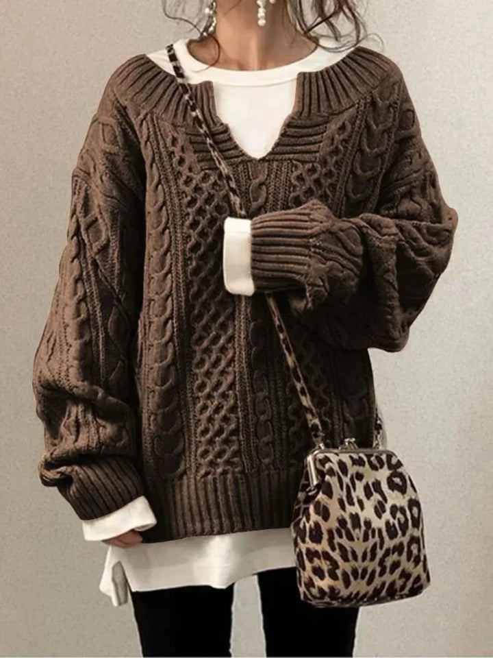 Pull oversize col V pour femme, coloris marron