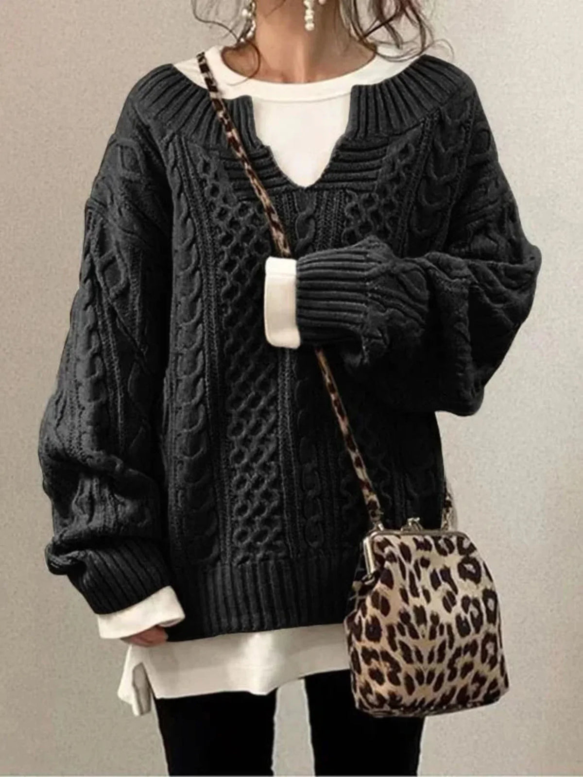 Pull oversize col V pour femme, coloris noir