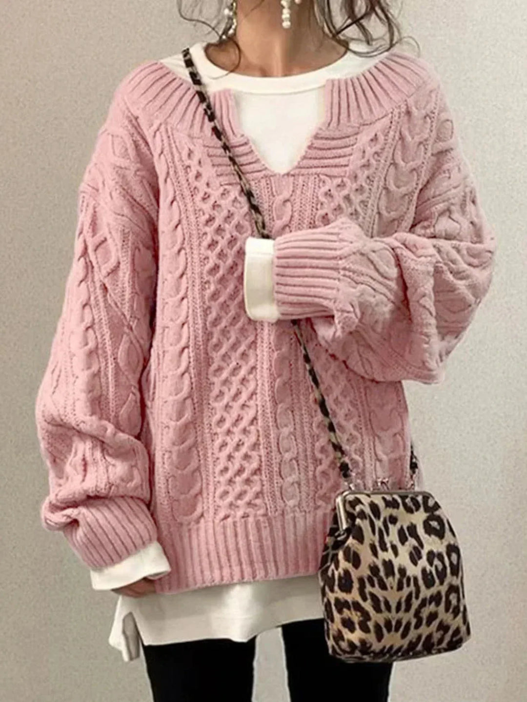Pull oversize col V pour femme, vue 2