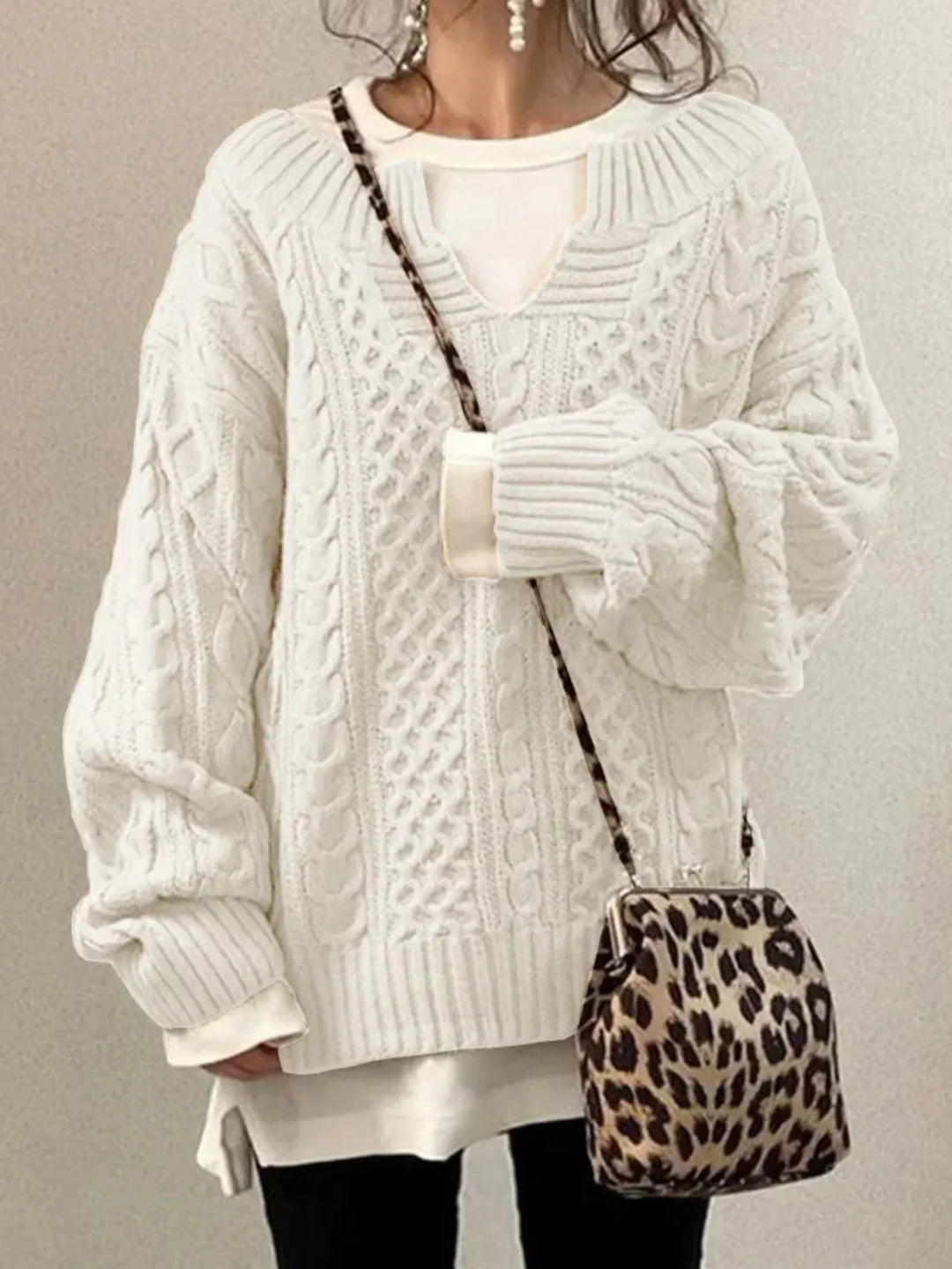 Pull oversize col V pour femme, vue 4