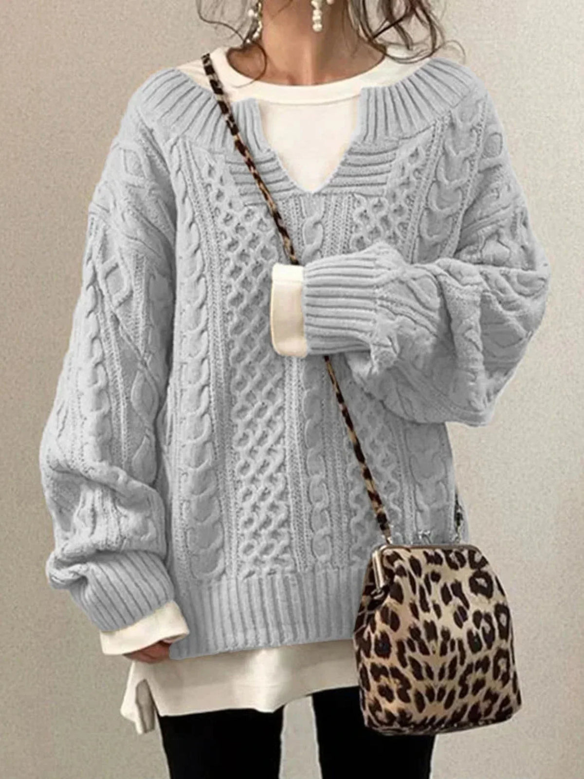 Pull oversize col V pour femme, vue 5