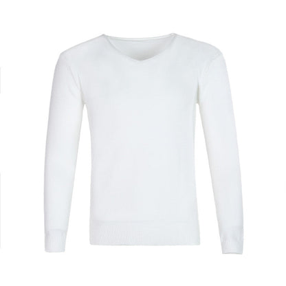 Pull col V blanc en maille unie, présenté à plat