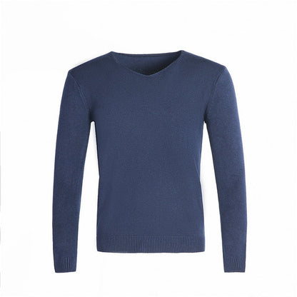 Pull col V bleu en maille unie, présenté à plat