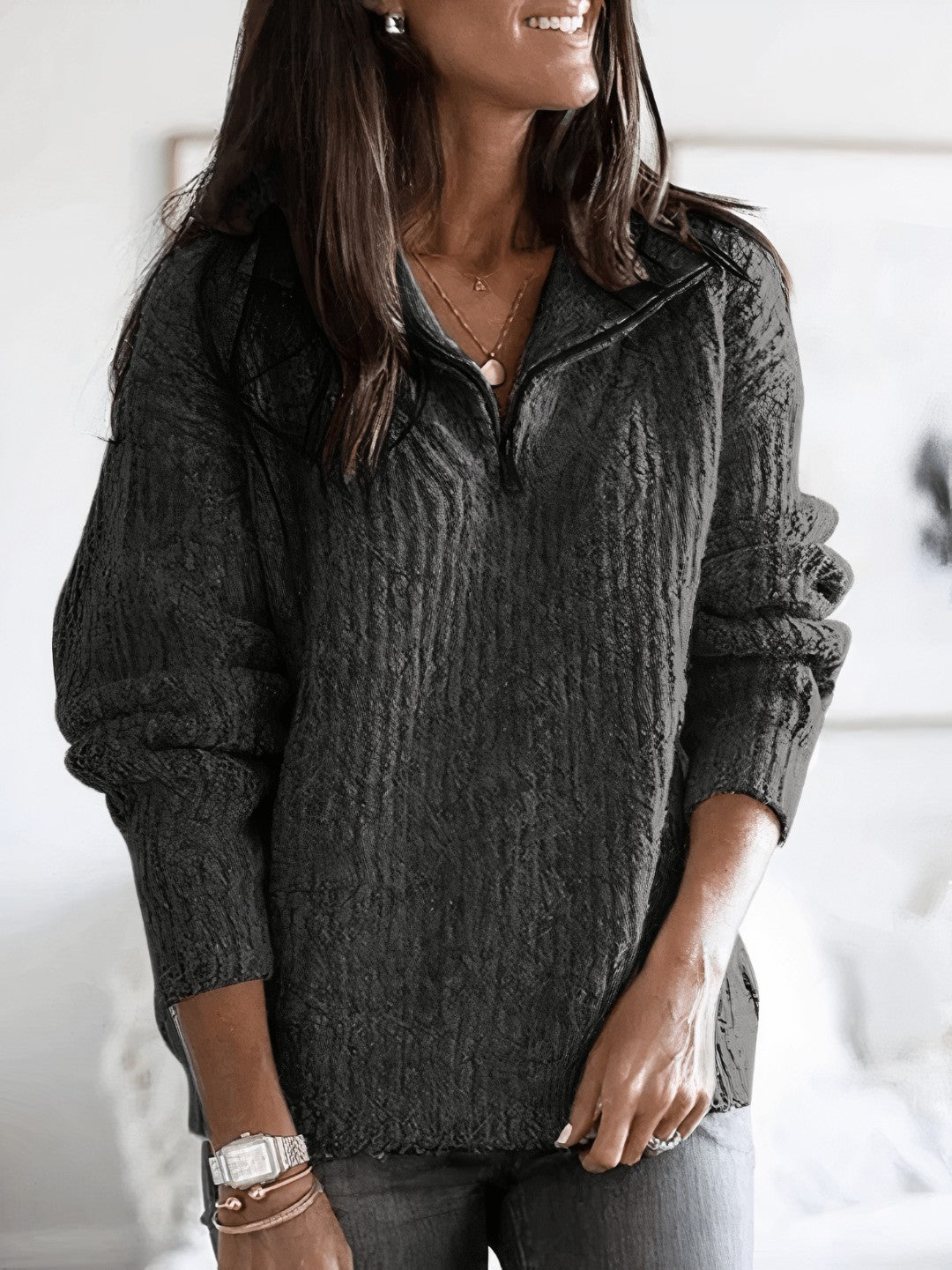Pull col zippé côtelé, coloris anthracite, vue de face
