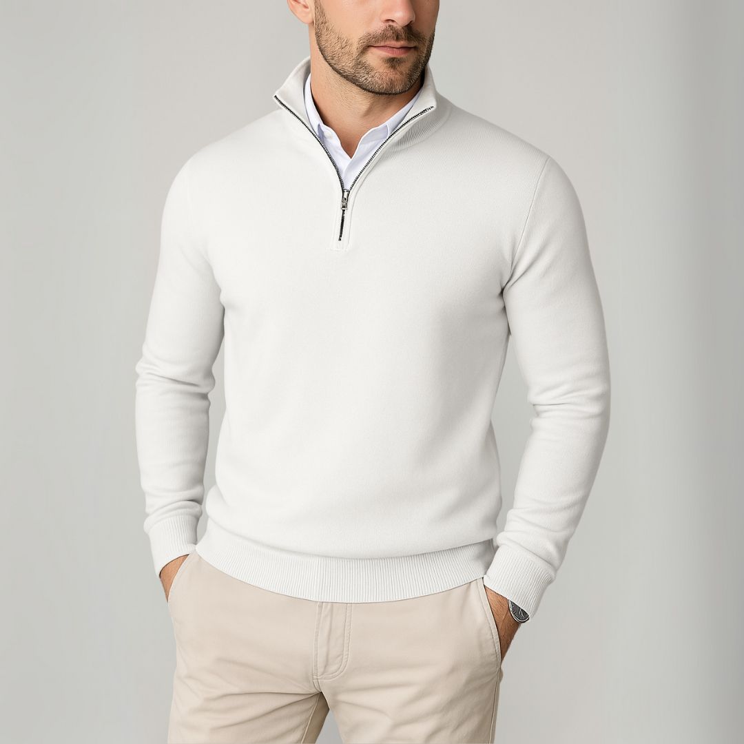Pull col zippé coupe ajustée, coloris blanc, vue de face