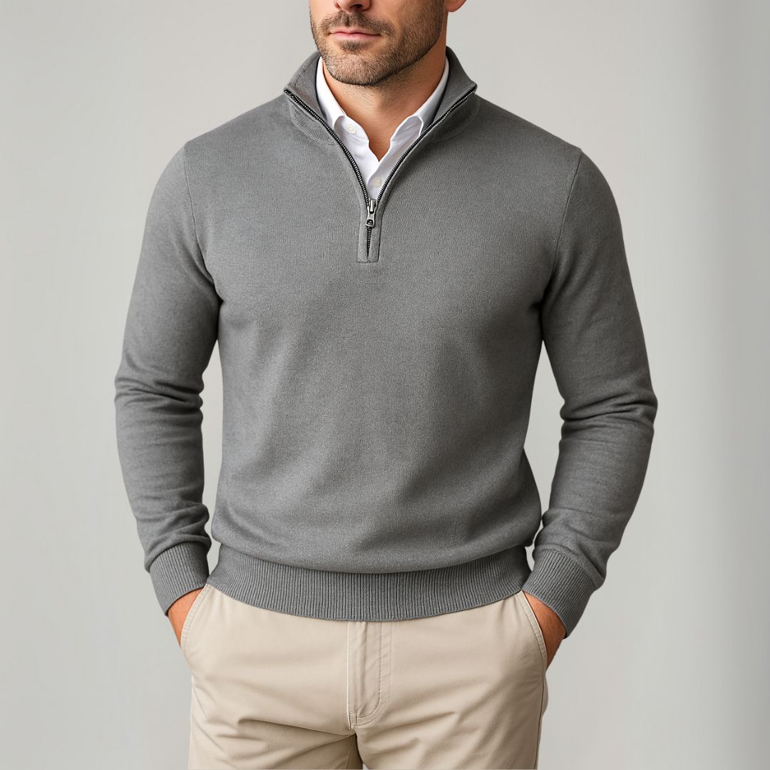 Pull col zippé coupe ajustée, coloris gris, vue de face