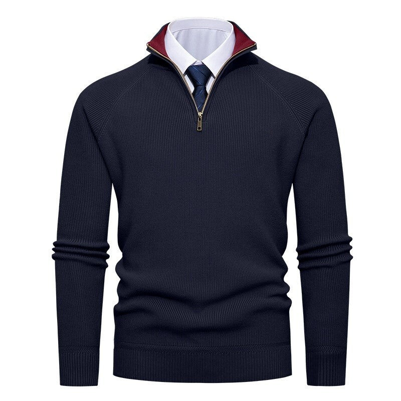 Pull col zippé raglan, coloris bleu marine, vue de face