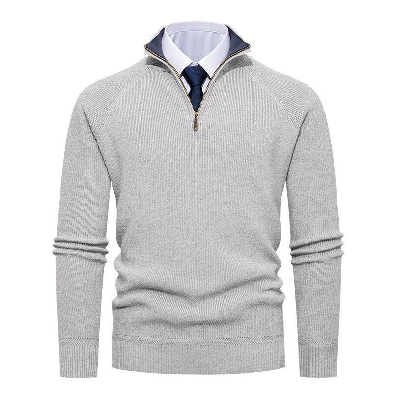 Pull col zippé raglan, coloris gris clair, vue de face