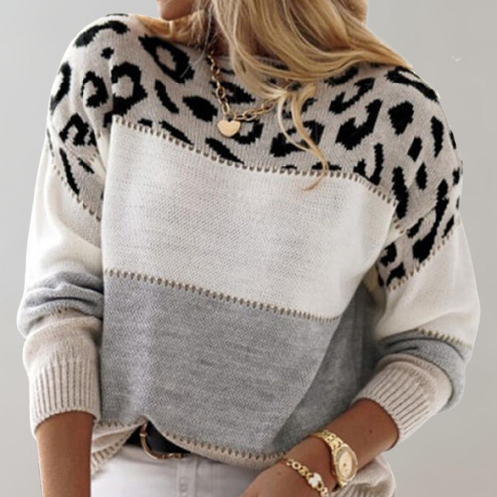 Pull colorblock à empiècement léopard, vu de face