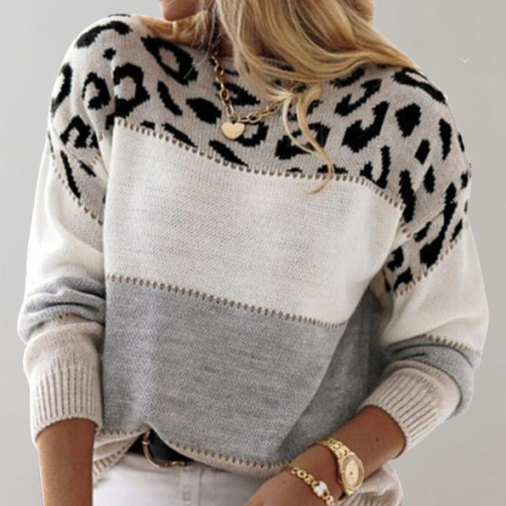 Pull colorblock à empiècement léopard, vu de face