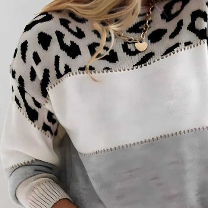 Pull colorblock à empiècement léopard, vu de face