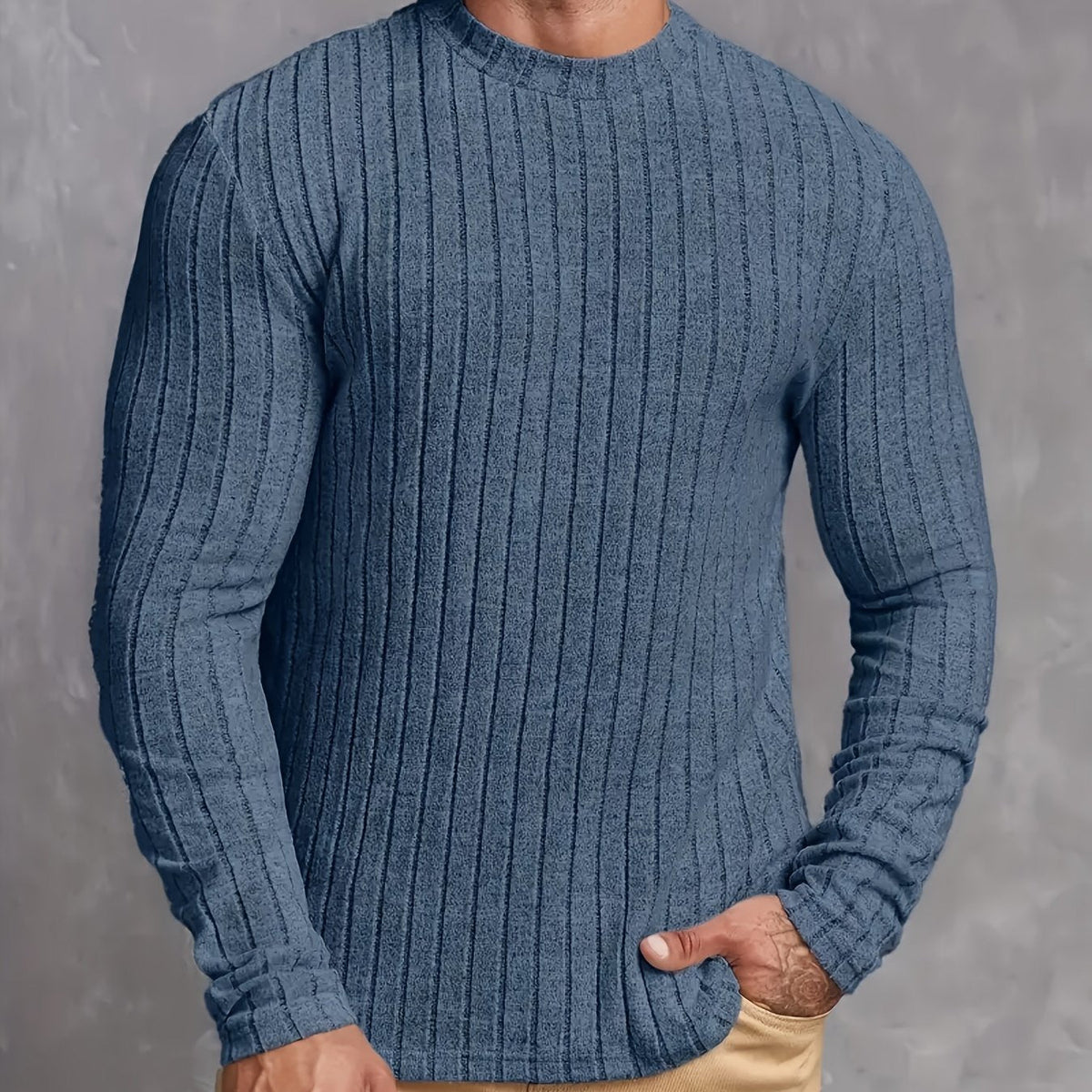 Pull côtelé col rond, bleu denim