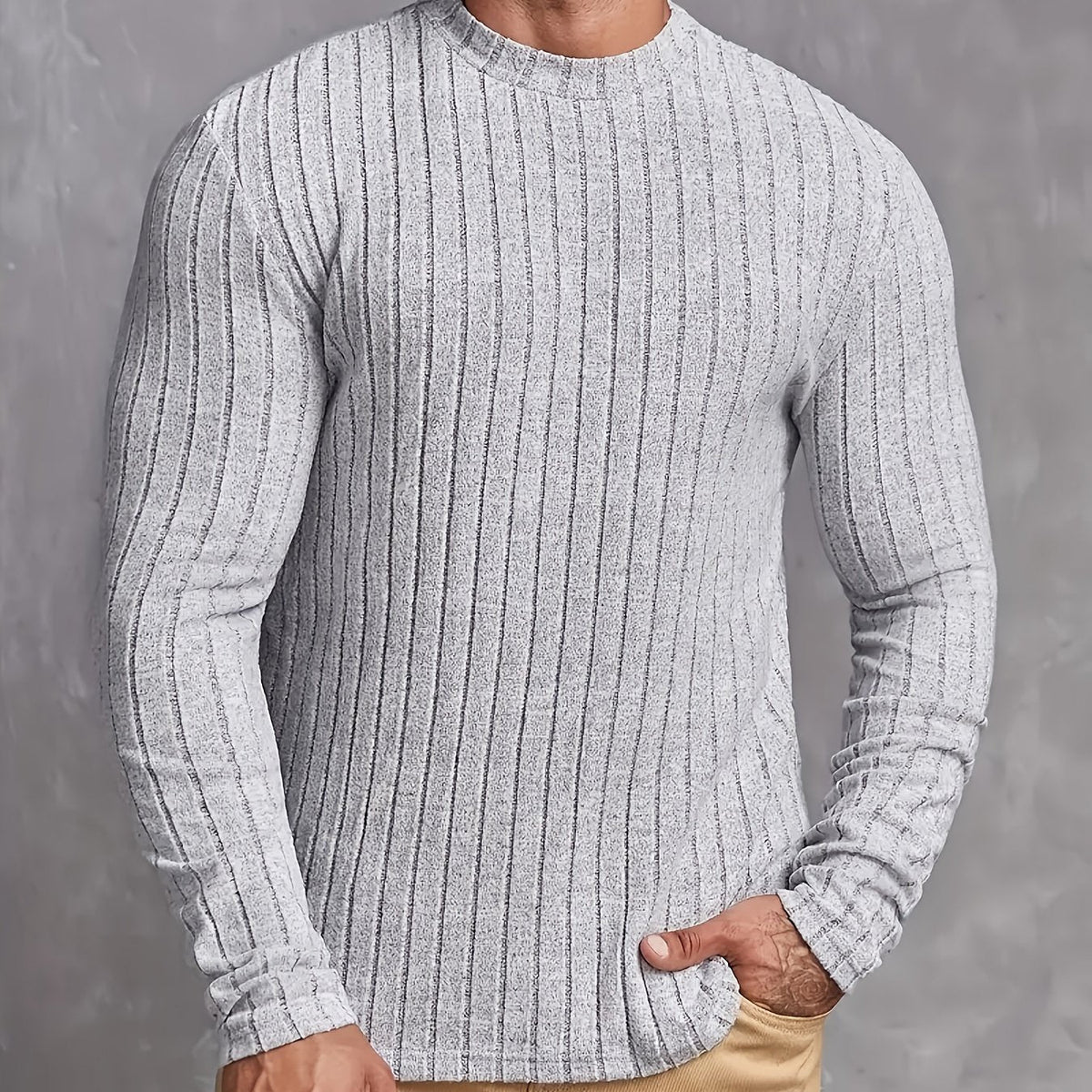 Pull côtelé col rond, gris clair