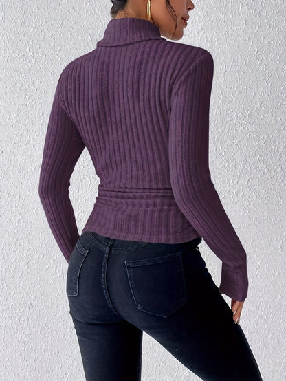 Pull côtelé col roulé, coloris violet, vue de dos