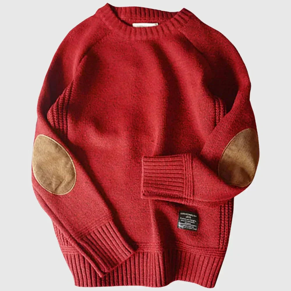 Pull col rond rouge pour homme à coudières contrastées, vue à plat