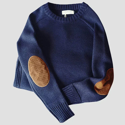 Pull col rond bleu marine pour homme à coudières, posé à plat