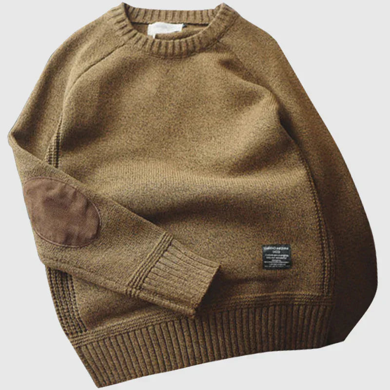 Pull col rond marron pour homme à manches raglan et coudières