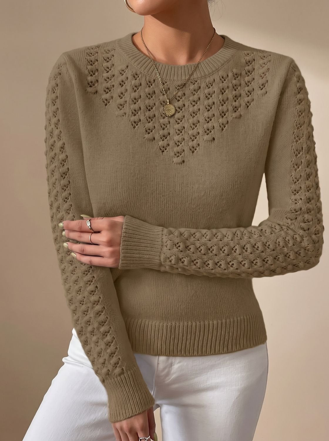 Pull cropped maille ajourée, coloris kaki, vue de face