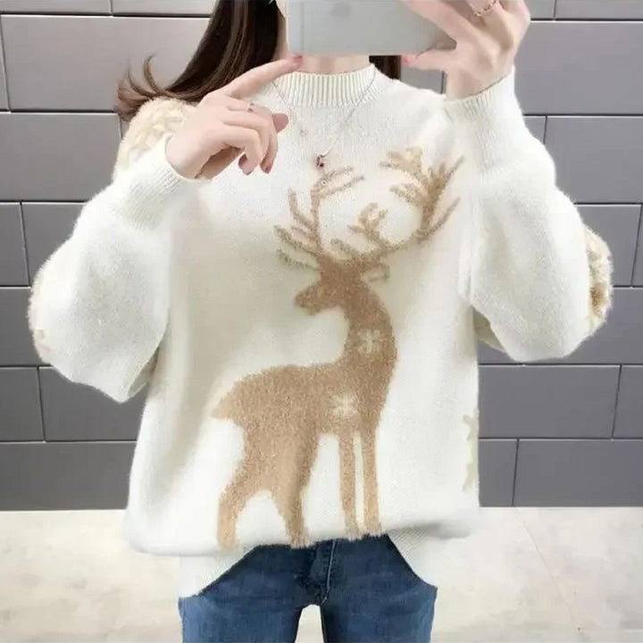 Pull de Noël à motif de renne, coloris blanc, vu de face