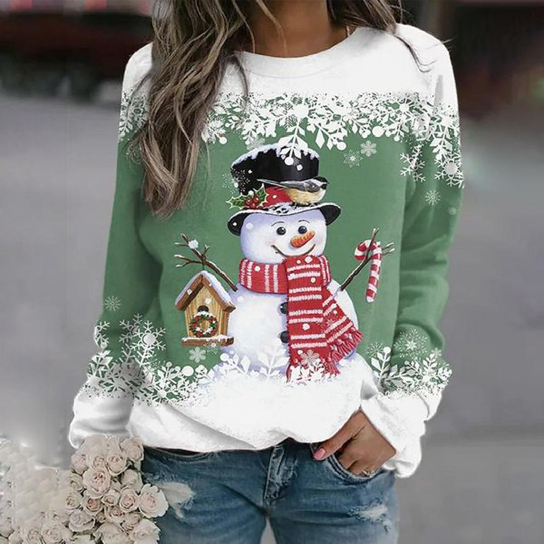 Pull de Noël au bonhomme de neige, coloris vert, vu de face