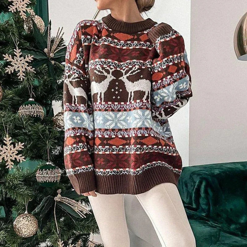 Pull de Noël en jacquard, coloris marron, vu de face