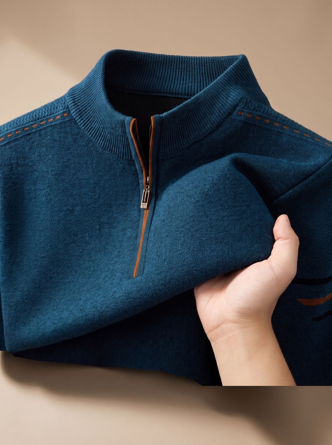 Col montant et demi-zip d'un pull en maille bleu pétrole