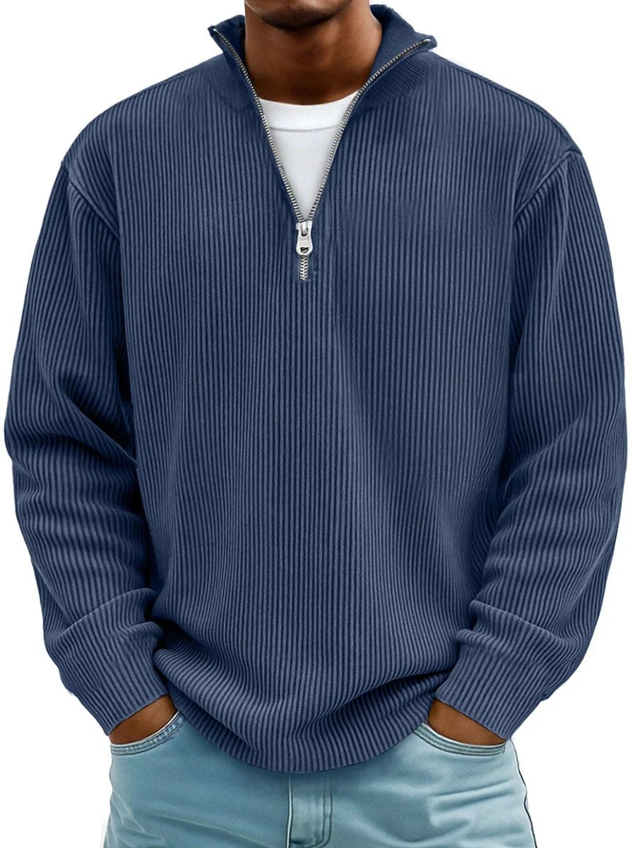 Pull demi-zip côtelé bleu marine, col montant zippé