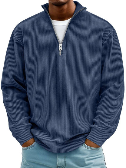 Pull demi-zip côtelé bleu marine, col montant zippé