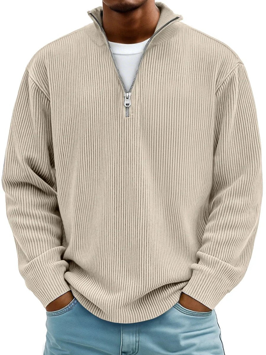Pull demi-zip côtelé, beige