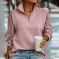Pull demi-zip côtes horizontales pour femme, coloris rose clair