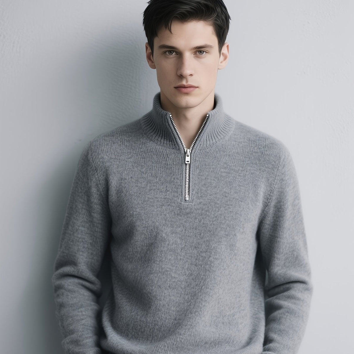 Pull uni demi-zip col montant, gris