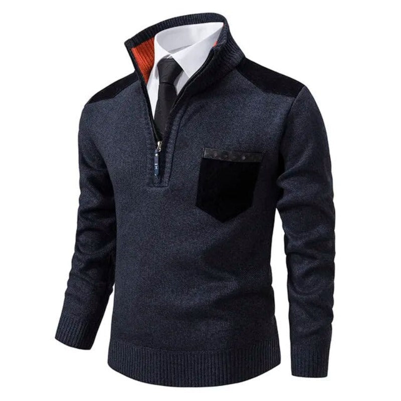 Pull demi-zip contrastes, coloris bleu marine, vue de face