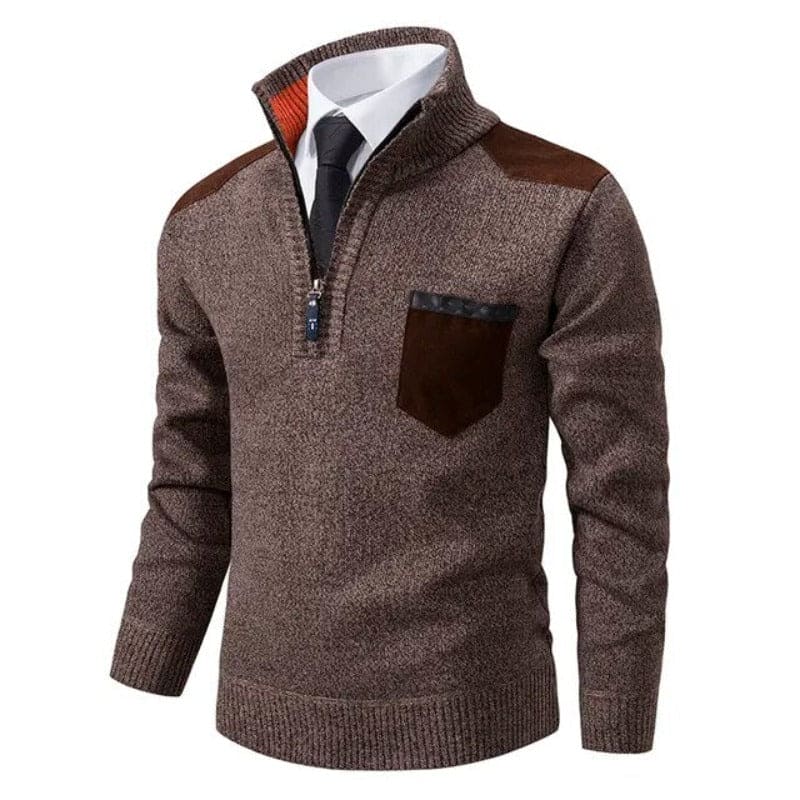 Pull demi-zip contrastes, coloris marron, vue de face