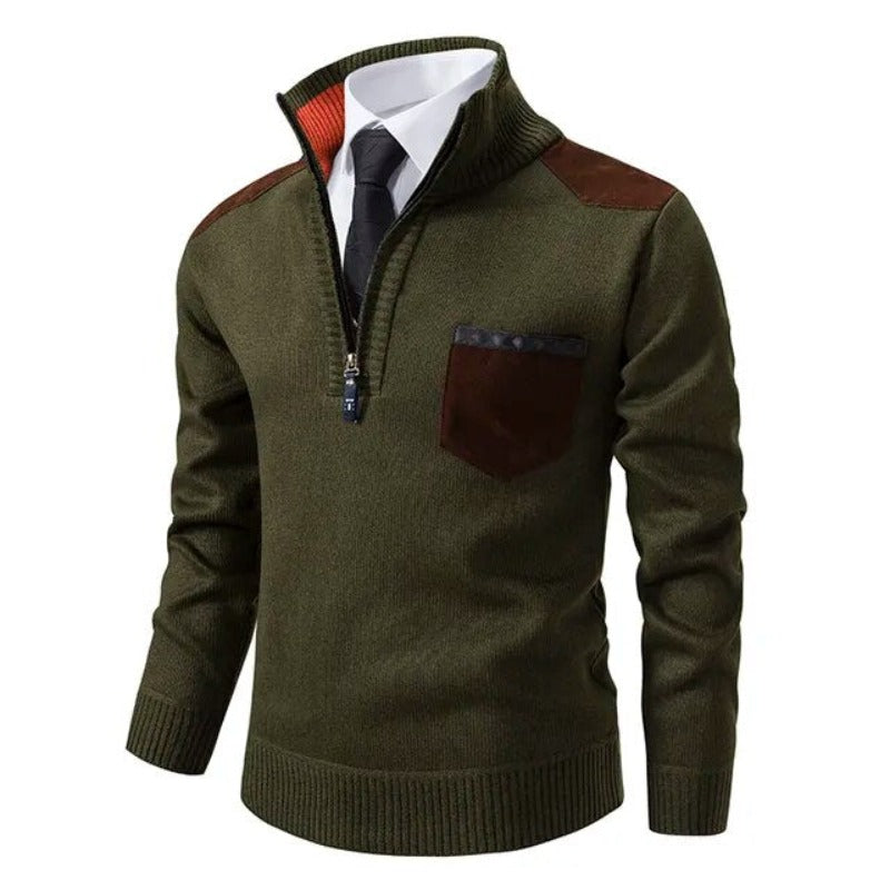 Pull demi-zip contrastes, coloris vert olive, vue de face