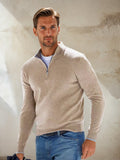 Pull demi-zip côtes classiques, coloris beige, vue de face