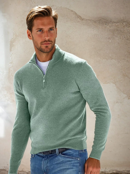 Pull demi-zip côtes classiques, coloris vert sauge, vue de face