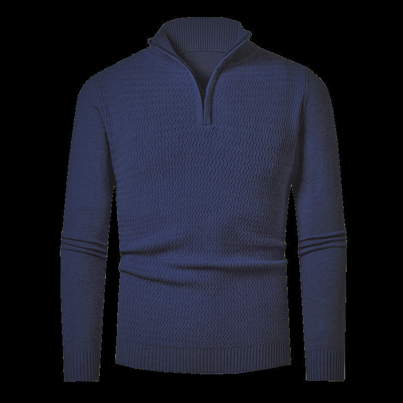 Pull demi-zip texturé, coloris bleu marine, présenté à plat