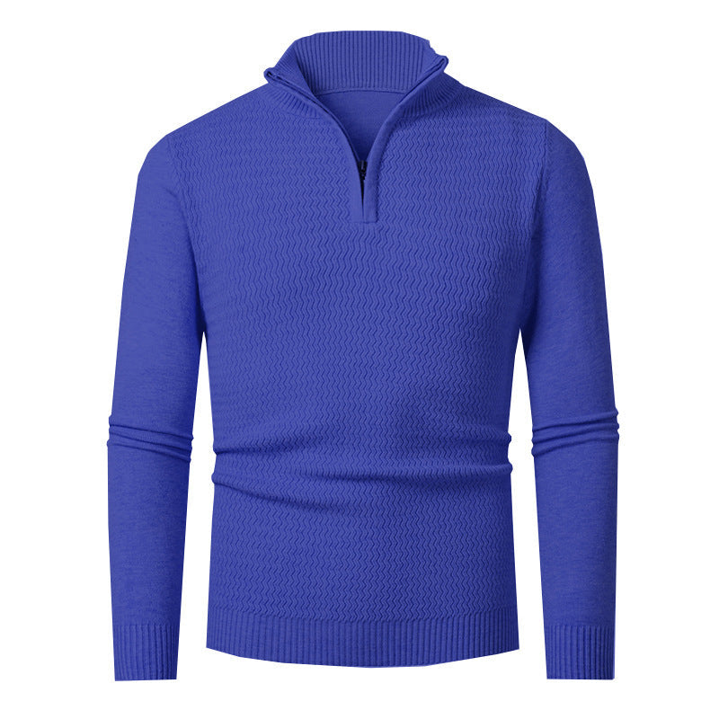 Pull demi-zip texturé, coloris bleu vif, présenté à plat