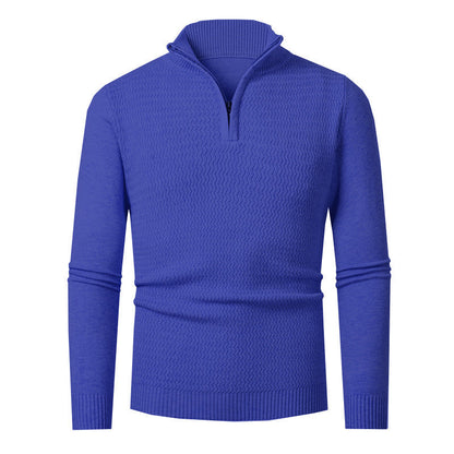 Pull demi-zip texturé, coloris bleu vif, présenté à plat