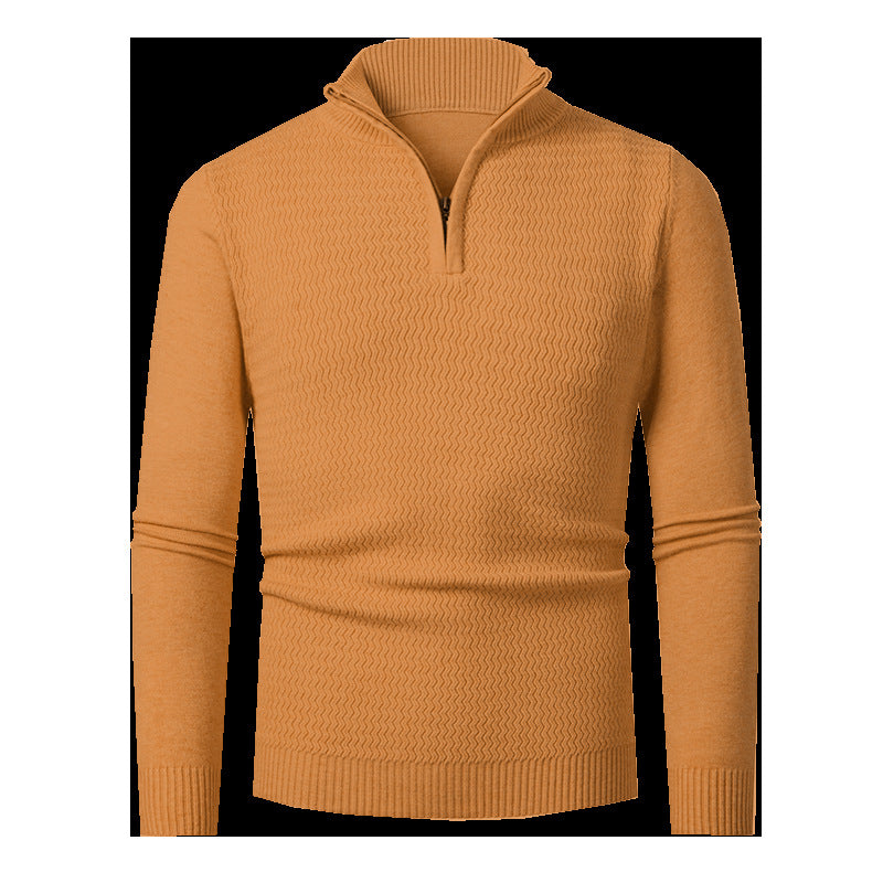 Pull demi-zip texturé, coloris camel, présenté à plat