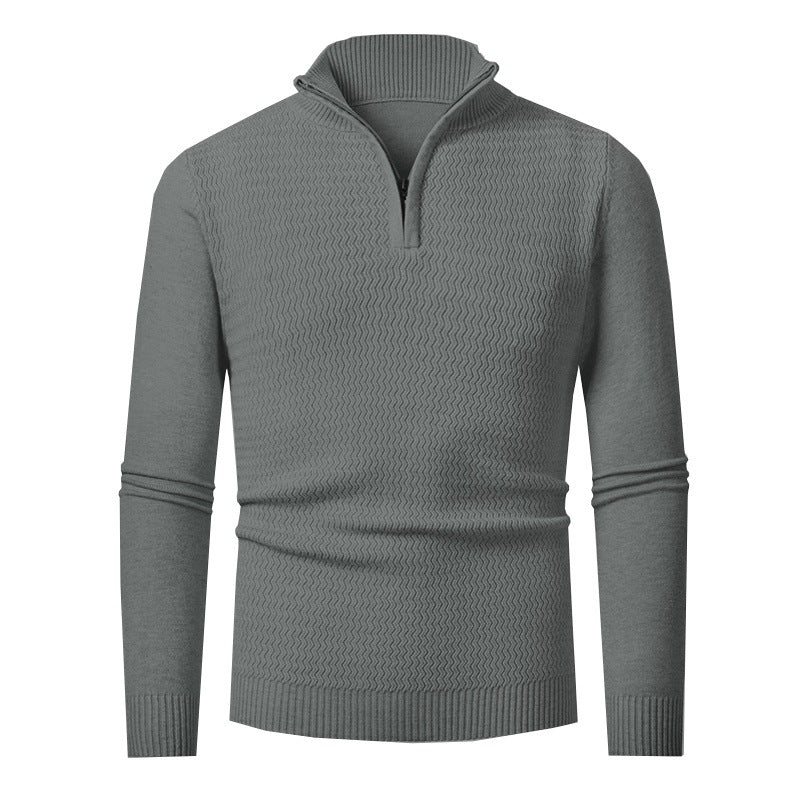 Pull demi-zip texturé, coloris gris, présenté à plat