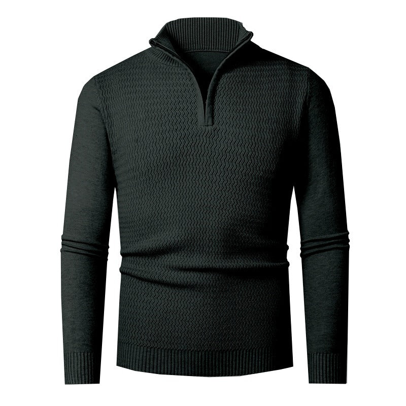 Pull demi-zip texturé, coloris noir, présenté à plat