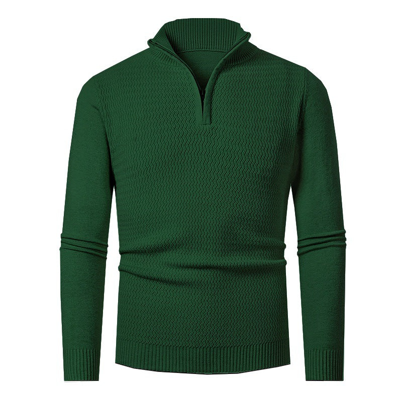 Pull demi-zip texturé, coloris vert forêt, présenté à plat
