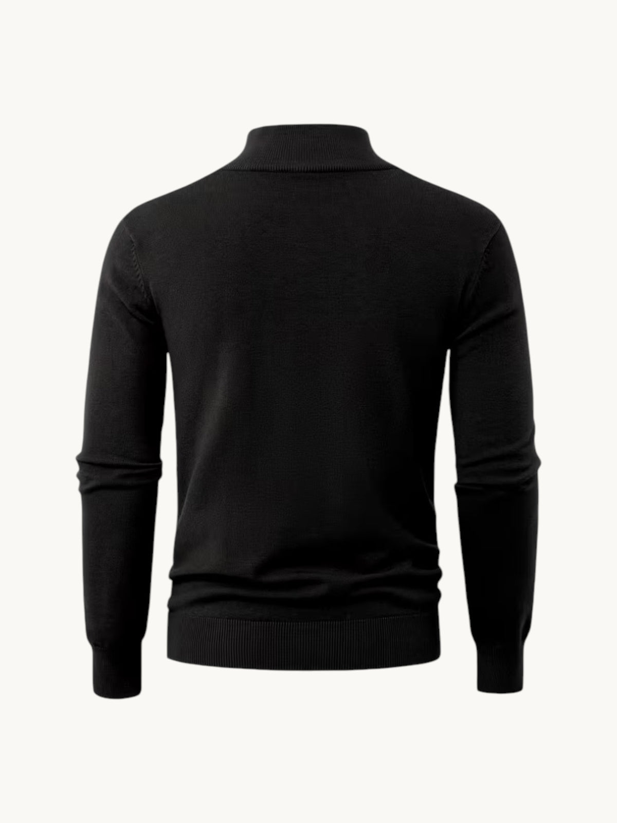 Pull en maille noir à col montant zippé, vue de dos sur fond neutre