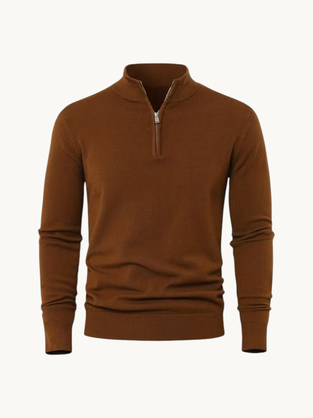 Pull en maille brun cognac à col zippé, vue de face